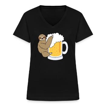 Faultier mit Bier - Frauen-T-Shirt mit V-Ausschnitt - Schwarz - Vorne - Lela (165cm)