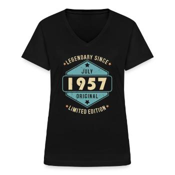 Juillet 1957 Vintage Retro Anniversaire - T-shirt col V Femme - noir - Devant - Lela (165cm)