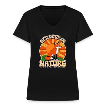 Get lost in Nature Natur Fuchs Wald Wandern Sonne - Frauen-T-Shirt mit V-Ausschnitt - Schwarz - Vorne - Lela (165cm)