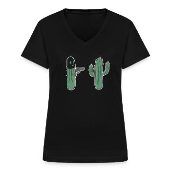 Lustiger Kaktus, Hände hoch. Kaktus mit Pistole. - Frauen-T-Shirt mit V-Ausschnitt - Schwarz - Vorne - Lela (165cm)
