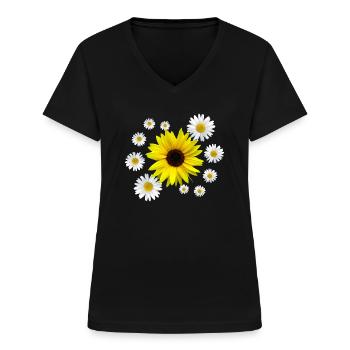 Sonnenblume mit Margeriten Blüten, floral, Blume - Frauen-T-Shirt mit V-Ausschnitt - Schwarz - Vorne - Lela (165cm)