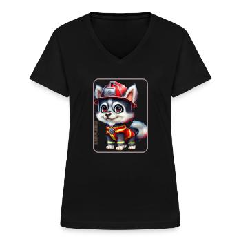 Pompier, amoureux des huskies - T-shirt col V Femme - noir - Devant - Lela (165cm)