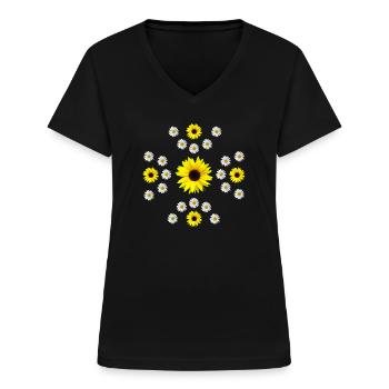 gelbe Sonnenblumen und Margeriten Blüte blumig - Frauen-T-Shirt mit V-Ausschnitt - Schwarz - Vorne - Lela (165cm)