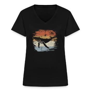 Baleine - baleine à bosse - rétro - cadeau - T-shirt col V Femme - noir - Devant - Lela (165cm)