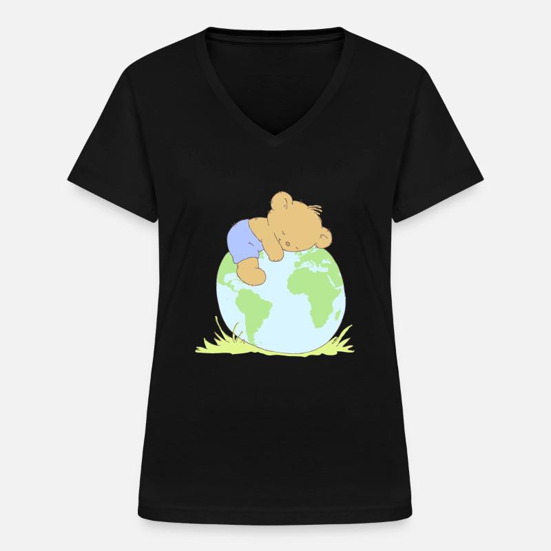 Cute Teddy Bear hugging world globe. - Women's V-neck T-shirt - black