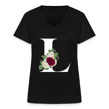 lettre L fleuris - T-shirt col V Femme - noir - Devant - Lela (165cm)