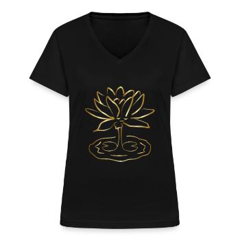 Goldene Lotus Blume, Yoga Lustig, Meditation - Frauen-T-Shirt mit V-Ausschnitt - Schwarz - Vorne - Lela (165cm)