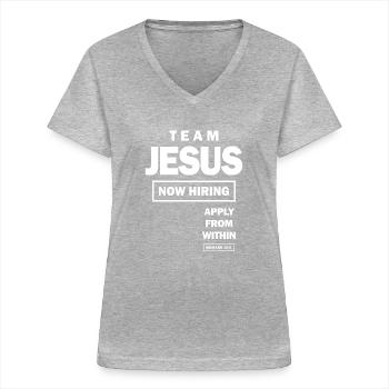 L’équipe Jésus embauche maintenant appliquer de l’intérieur - T-shirt col V Femme - gris chiné - Devant - Lela (165cm)