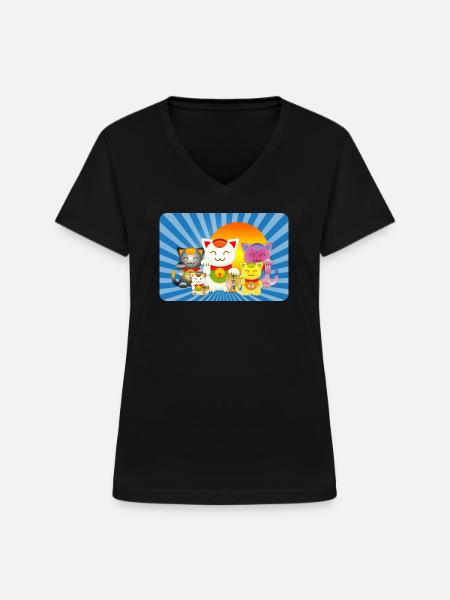 Maneki Neko bunt - Frauen-T-Shirt mit V-Ausschnitt - Schwarz