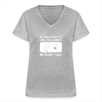 Nichts Verfolgt Uns So Sehr Wie Die Sprünge, Die - Frauen-T-Shirt mit V-Ausschnitt - Grau meliert - Vorne - Lela (165cm)