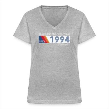 Funny Time Travel Birthday Design February 1994 - Women's V-neck T-shirt - sports grey - Front - Lela (165cm)