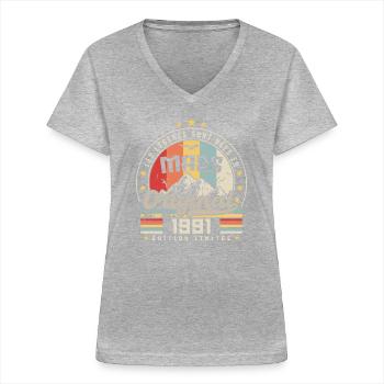 Jahrgang März 1991 33 Jahre Geburtstagsgeschenk - Frauen-T-Shirt mit V-Ausschnitt - Grau meliert - Vorne - Lela (165cm)