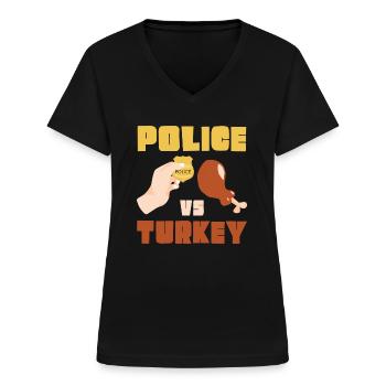 Police vs Turquie Thanksgiving - T-shirt col V Femme - noir - Devant - Lela (165cm)