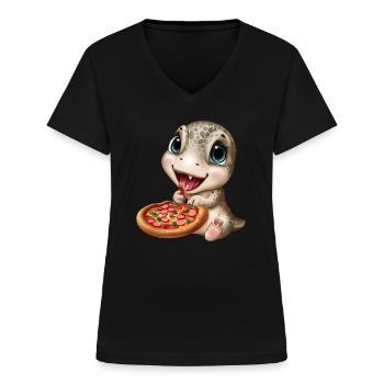 Dinosaurs love pizza - Women's V-neck T-shirt - black - Front - Lela (165cm)