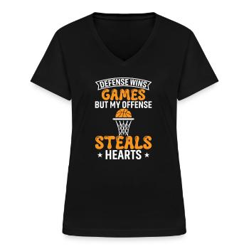 Defense Wins Games, But My Offense Steals Hearts. - Women's V-neck T-shirt - black - Front - Lela (165cm)