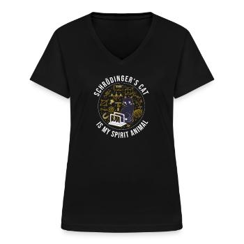 Schrödingers Katze: Lustiges Wissenschafts - Frauen-T-Shirt mit V-Ausschnitt - Schwarz - Vorne - Lela (165cm)