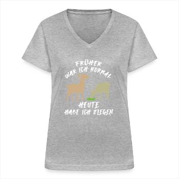 Früher war ich normal heute habe ich Ziegen - Frauen-T-Shirt mit V-Ausschnitt - Grau meliert - Vorne - Lela (165cm)