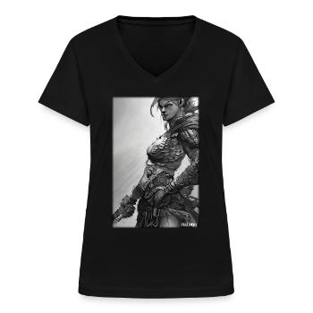 Warrior Woman Sword Vintage Black White - Women's V-neck T-shirt - black - Front - Lela (165cm)