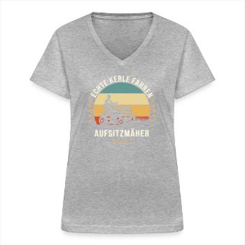 COOLE TYPEN FAHREN AUFSITZMÄHER - Frauen-T-Shirt mit V-Ausschnitt - Grau meliert - Vorne - Lela (165cm)