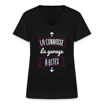 garage à bite | cadeau beauf pour connasse - T-shirt col V Femme - noir - Devant - Lela (165cm)
