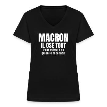Macron, président, politique - T-shirt col V Femme - noir - Devant - Lela (165cm)