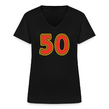 50. 50 JAHRE. 50-JÄHRIGES JUBILÄUM. 50-JÄHRIGES JUBILÄUM. - Frauen-T-Shirt mit V-Ausschnitt - Schwarz - Vorne - Lela (165cm)