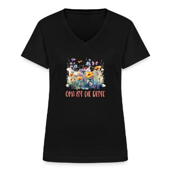 Oma ist die Beste! Wildblumen, personalisierbar - Frauen-T-Shirt mit V-Ausschnitt - Schwarz - Vorne - Lela (165cm)