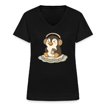 Musikliebender niedlicher Pinguin mit Kopfhörern - Frauen-T-Shirt mit V-Ausschnitt - Schwarz - Vorne - Lela (165cm)