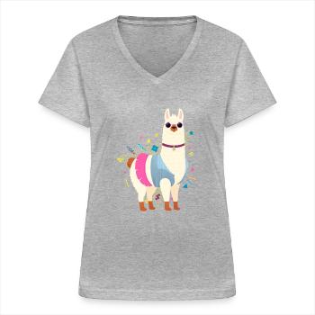 90s Style Llama - T-shirt col V Femme - gris chiné - Devant - Lela (165cm)