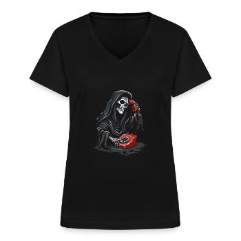 Red Grim Reaper Phone - Women's V-neck T-shirt - black - Front - Lela (165cm)
