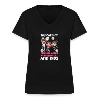 Volley-ball Maman Cardio Chasing Volleyballs Et Enfants - T-shirt col V Femme - noir - Devant - Lela (165cm)