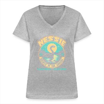 Monstre du Loch Ness 1933 Cryptide légendaire Écosse - T-shirt col V Femme - gris chiné - Devant - Lela (165cm)