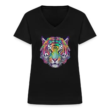 Tiger Kopf Graphic Tee Illustration Art Comic - Frauen-T-Shirt mit V-Ausschnitt - Schwarz - Vorne - Lela (165cm)
