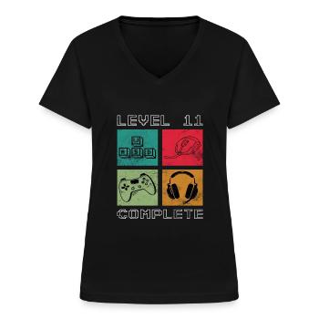 Level 11 Complete 11.Geburtstag Gamer Gaming - Frauen-T-Shirt mit V-Ausschnitt - Schwarz - Vorne - Lela (165cm)