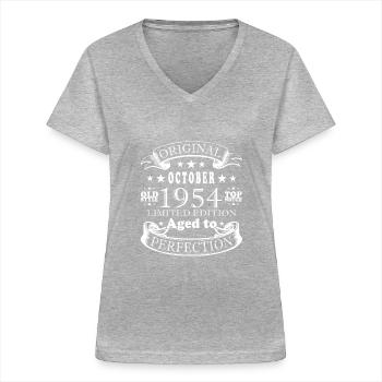 Né en octobre 1954 | Anniversaire Octobre 1954 - T-shirt col V Femme - gris chiné - Devant - Lela (165cm)