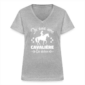 Ein Reiter, der auf einem Pferd reitet, das Geschenk zerreißt - Frauen-T-Shirt mit V-Ausschnitt - Grau meliert - Vorne - Lela (165cm)