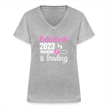 Paten Tante 2023 Loading Schwangerschaft Geburt - Frauen-T-Shirt mit V-Ausschnitt - Grau meliert - Vorne - Lela (165cm)