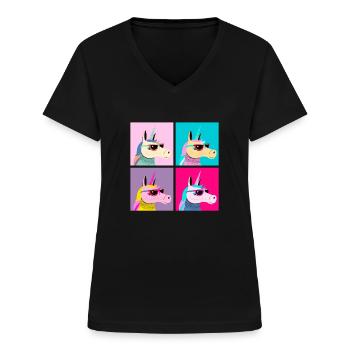 Pop Art Unicorn With Sunglasses - T-shirt col V Femme - noir - Devant - Lela (165cm)