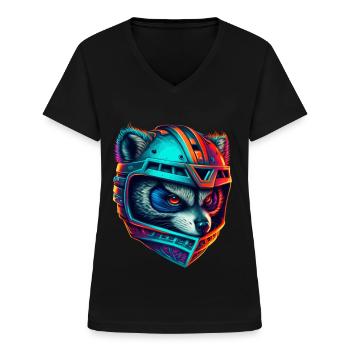 Panda cyborg casque néon - T-shirt col V Femme - noir - Devant - Lela (165cm)