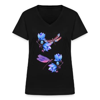 Dragonflies flying between blue flowers - Women's V-neck T-shirt - black - Front - Lela (165cm)