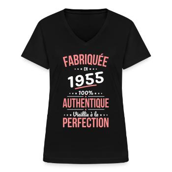Anniversaire 70 ans - Fabriquée en 1955 - T-shirt col V Femme - noir - Devant - Lela (165cm)