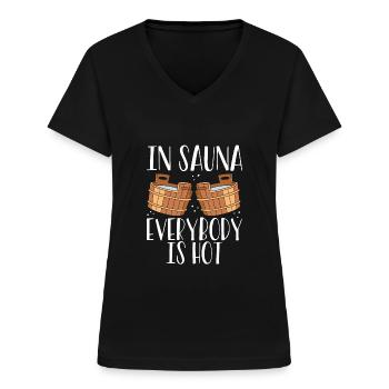 Alle er varme i saunaen - T-shirt med V-hals til damer - sort - Foran - Lela (165cm)