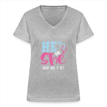 Er Oder Sie, Was Wird Es Sein? - Frauen-T-Shirt mit V-Ausschnitt - Grau meliert - Vorne - Lela (165cm)