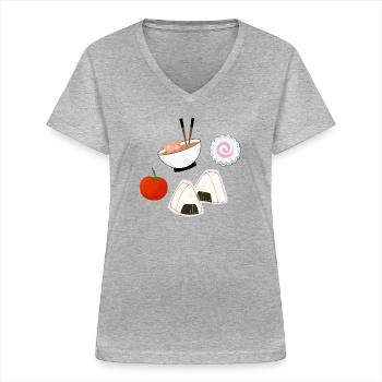 NaruSasu SasuNaru design avec ramen, tomate onigiri - T-shirt col V Femme - gris chiné - Devant - Lela (165cm)