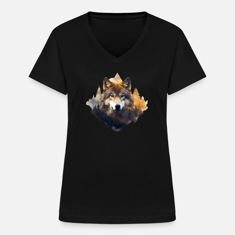 Wolf with mountains - Women's V-neck T-shirt - black