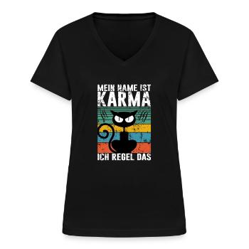 Retro Karma Schwarze Katze Humor Lustiger Spruch - Frauen-T-Shirt mit V-Ausschnitt - Schwarz - Vorne - Lela (165cm)