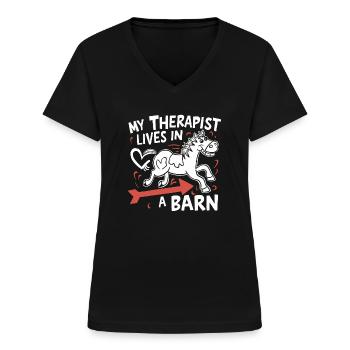 Mein Therapeut lebt im Stall - Frauen-T-Shirt mit V-Ausschnitt - Schwarz - Vorne - Lela (165cm)