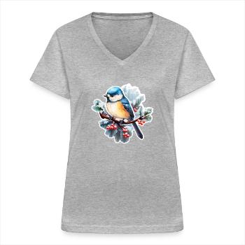 Blaumeise im Winter - Frauen-T-Shirt mit V-Ausschnitt - Grau meliert - Vorne - Lela (165cm)