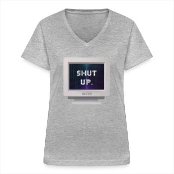 CRT Design - Shut Up - T-shirt col V Femme - gris chiné - Devant - Lela (165cm)