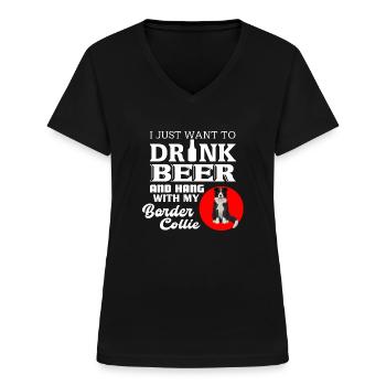 Border Collie - T-shirt med V-ringning dam - svart - Fram - Lela (165cm)
